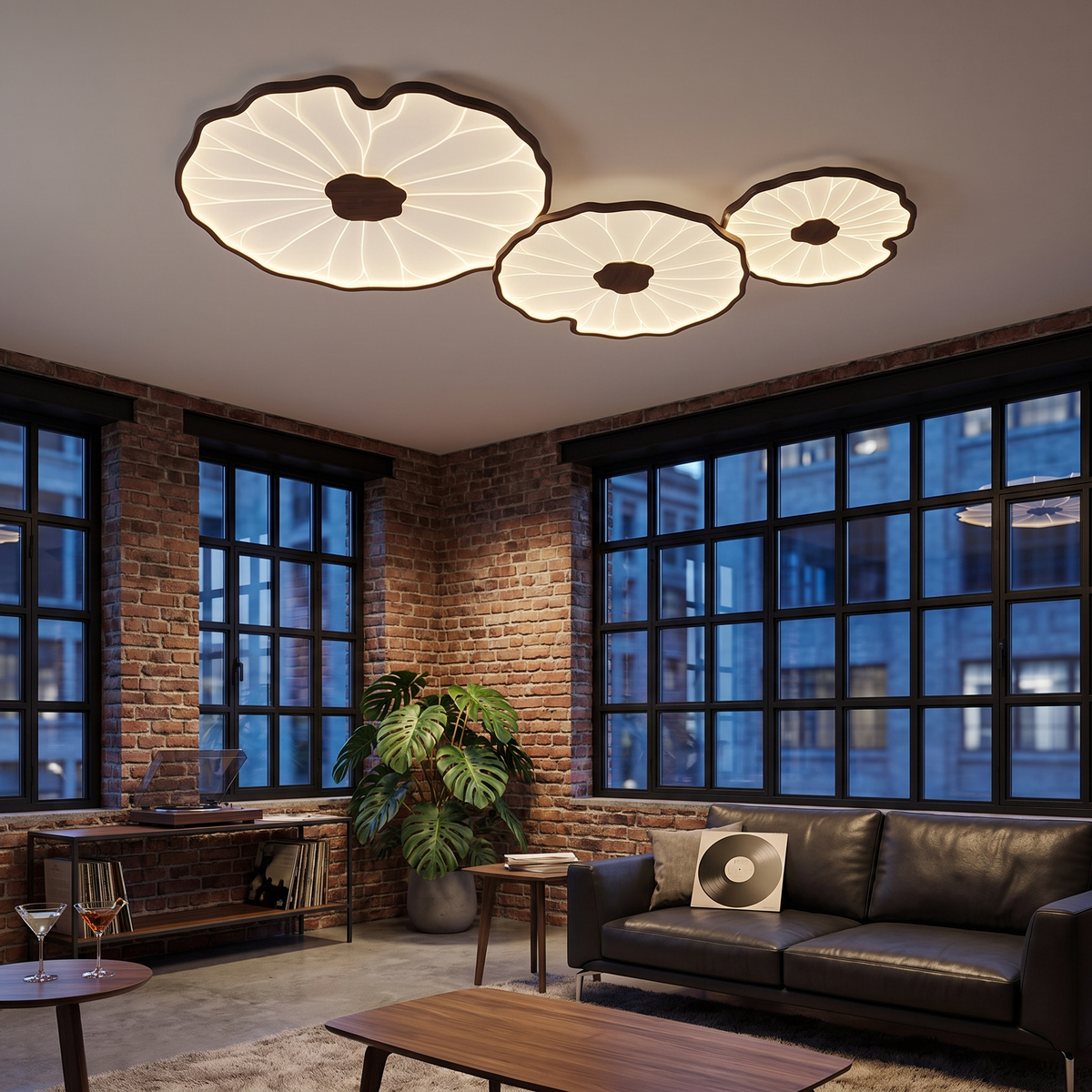 Nymphea three leaf walnut ceiling light in an urban loft lounge
