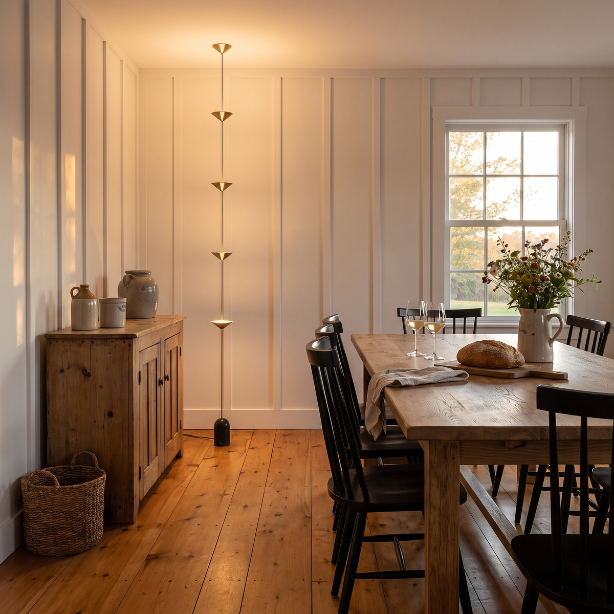 Soreluna 4 Lights floor to ceiling LED floor lamp in a farmhouse dining room