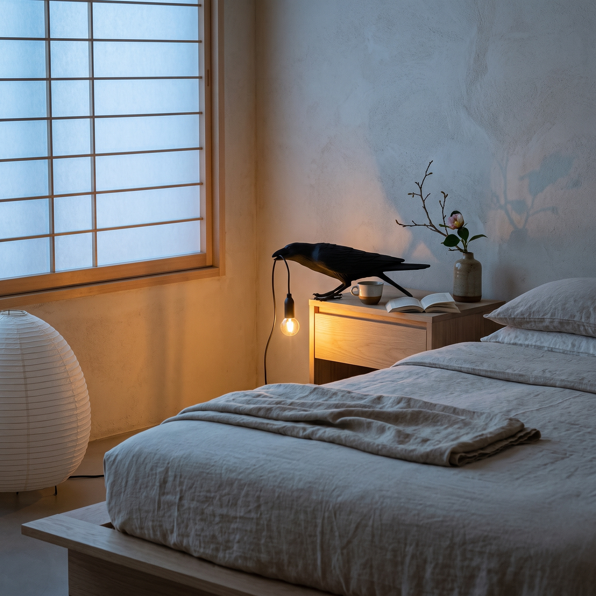 Corbeau black low raven table lamp in a Japandi bedroom