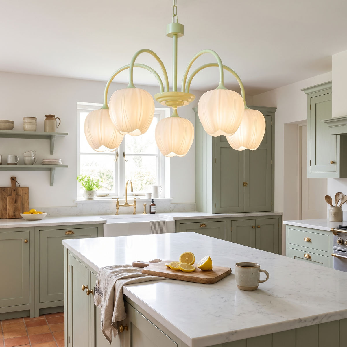 Tulipa 5 heads Matcha & White glass tulip chandelier in a cottage kitchen