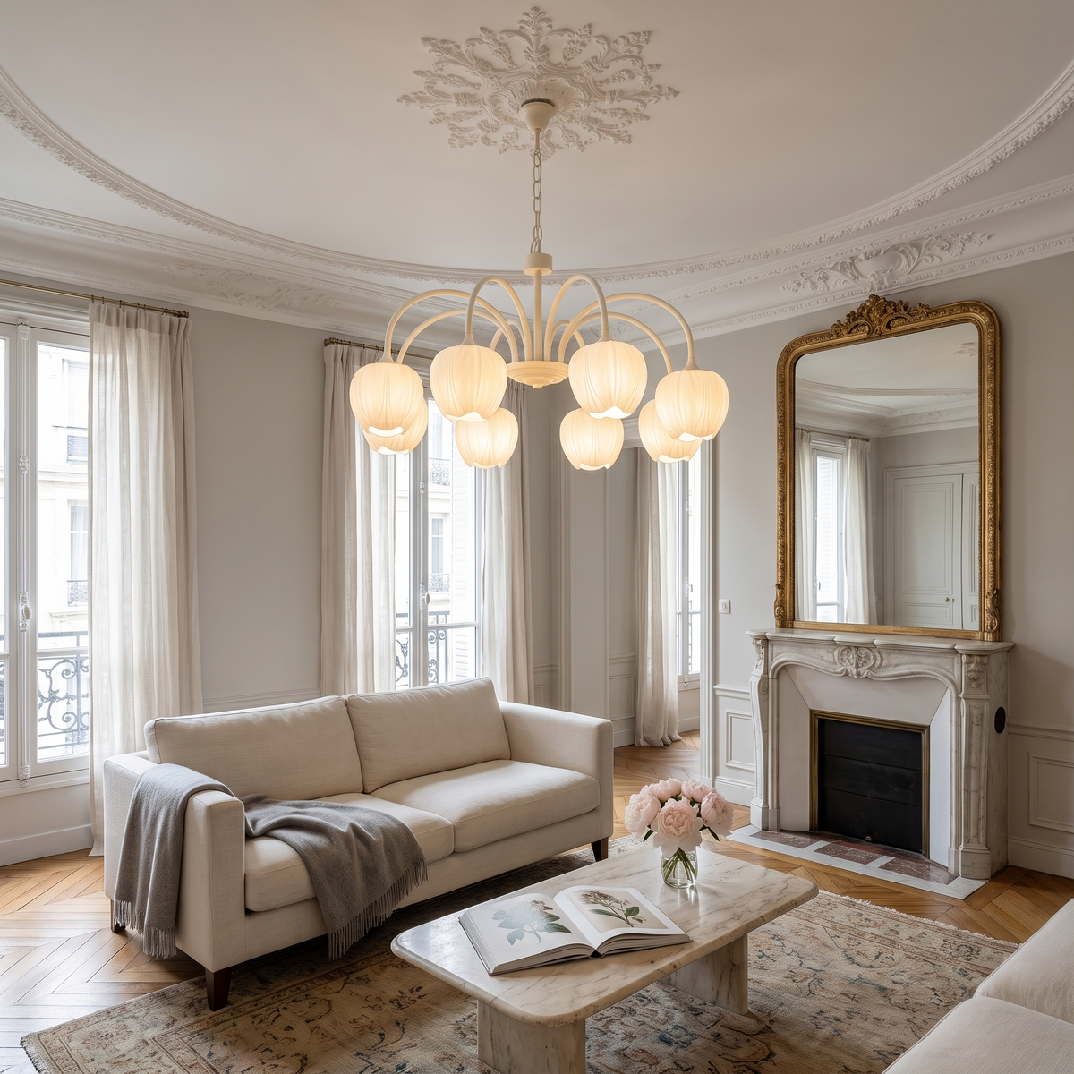 Tulipa 8 heads Creamy white & White glass tulip chandelier in a Parisian salon