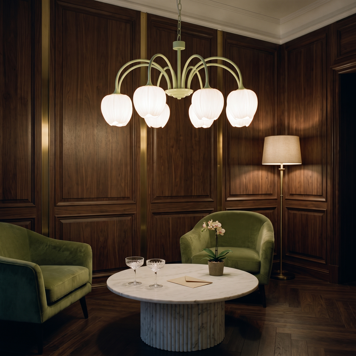 Tulipa 8 heads Matcha & White glass tulip chandelier in a hotel lounge