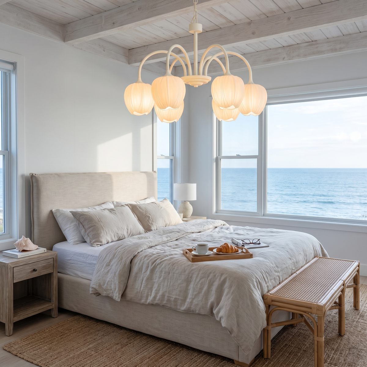 Tulipa 6 heads Creamy white & White glass tulip chandelier in a coastal bedroom