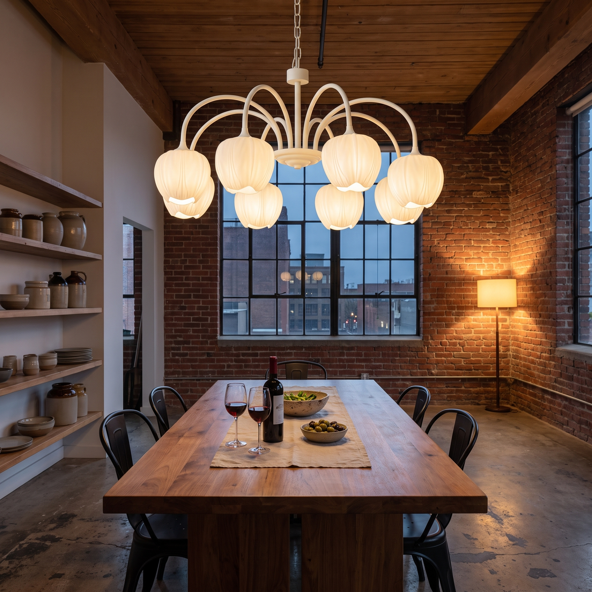 Tulipa 8 heads Creamy white & White glass tulip chandelier in an industrial loft dining area