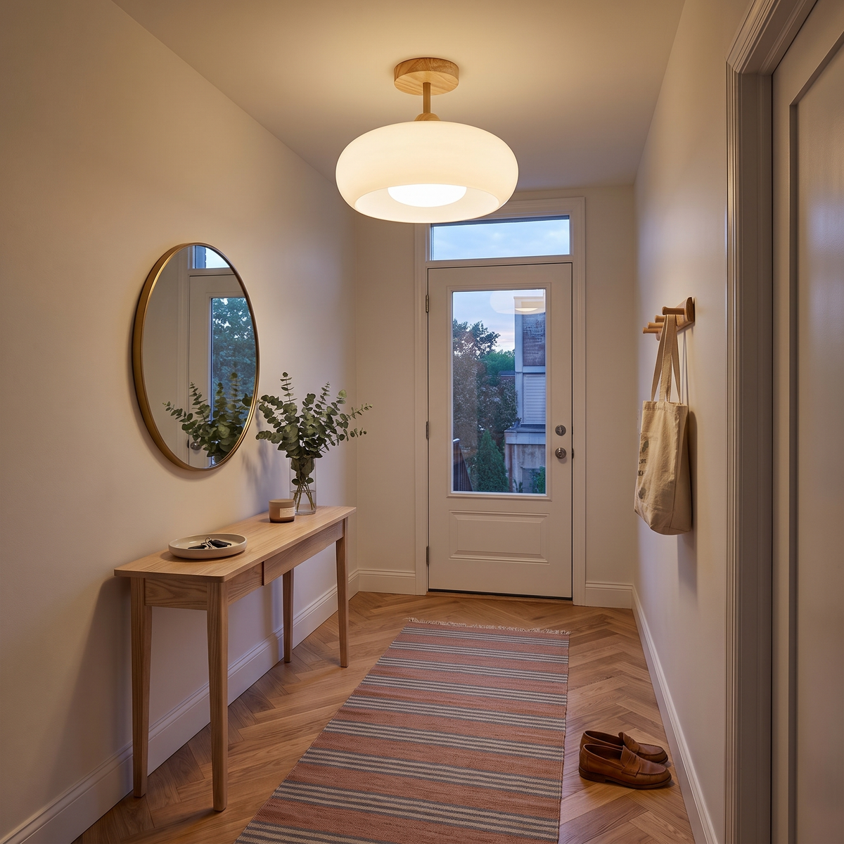 Disca natural wood and white glass ceiling light in an entry hall