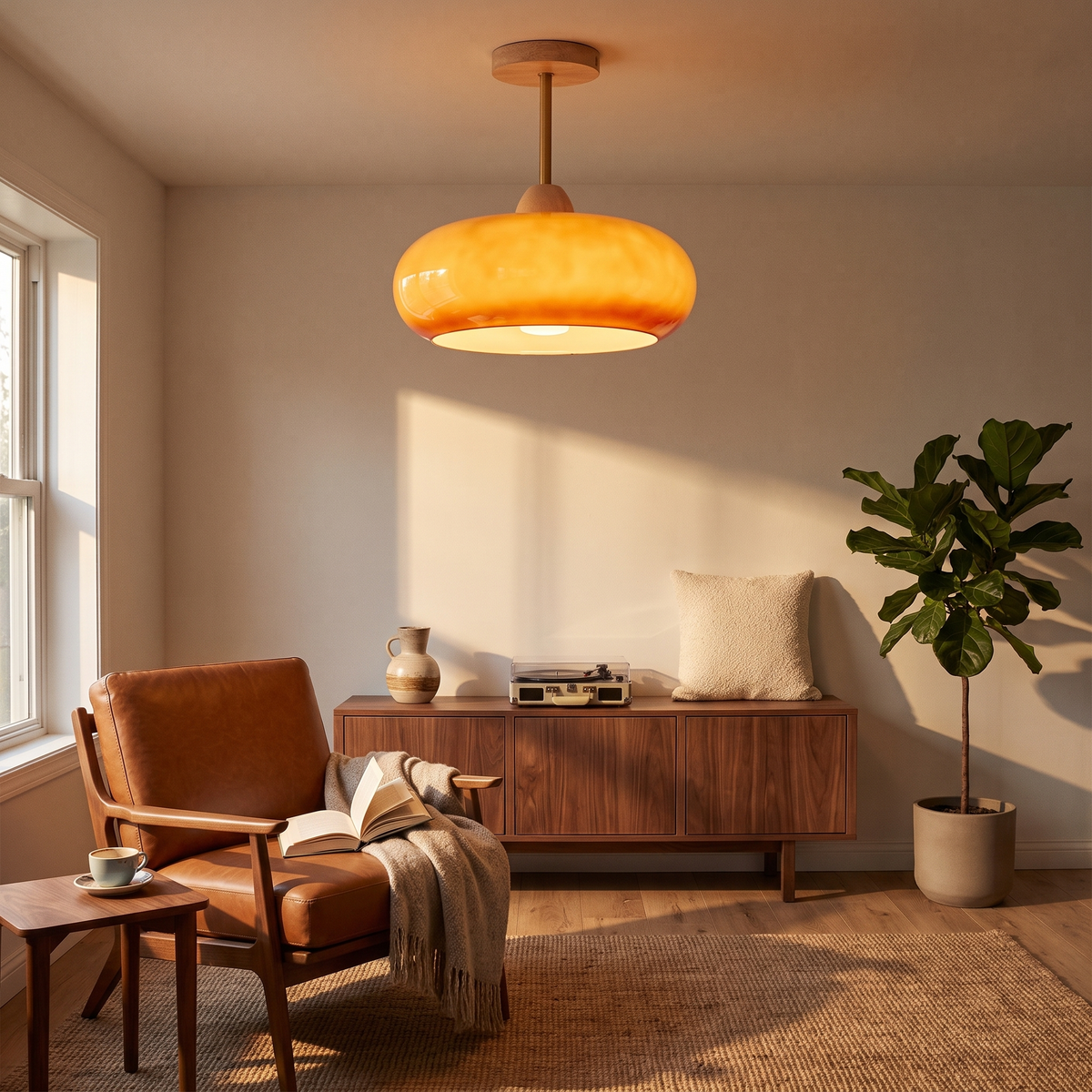 Disca natural wood and orange glass ceiling light in a mid-century living room