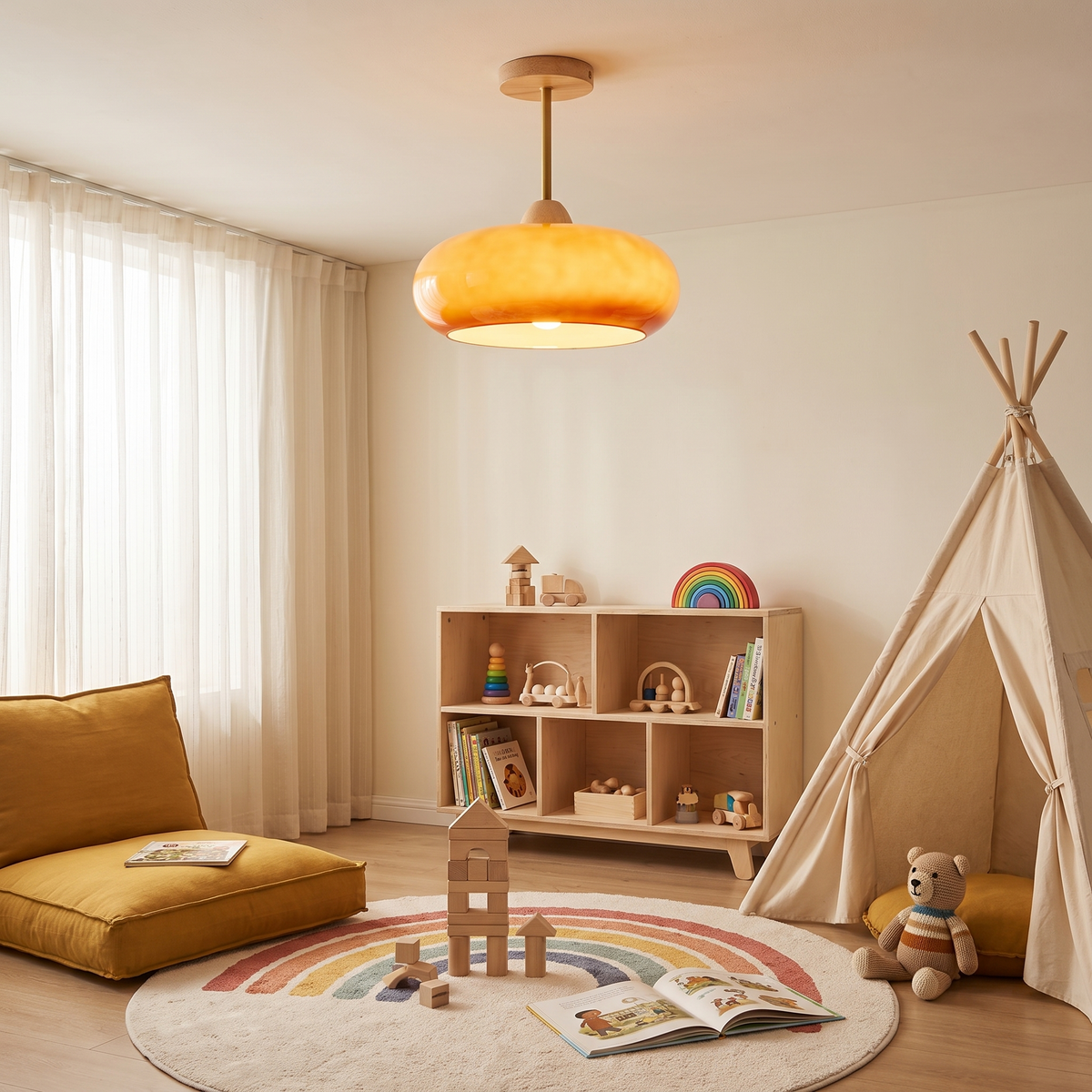 Disca natural wood and orange glass ceiling light in a children&