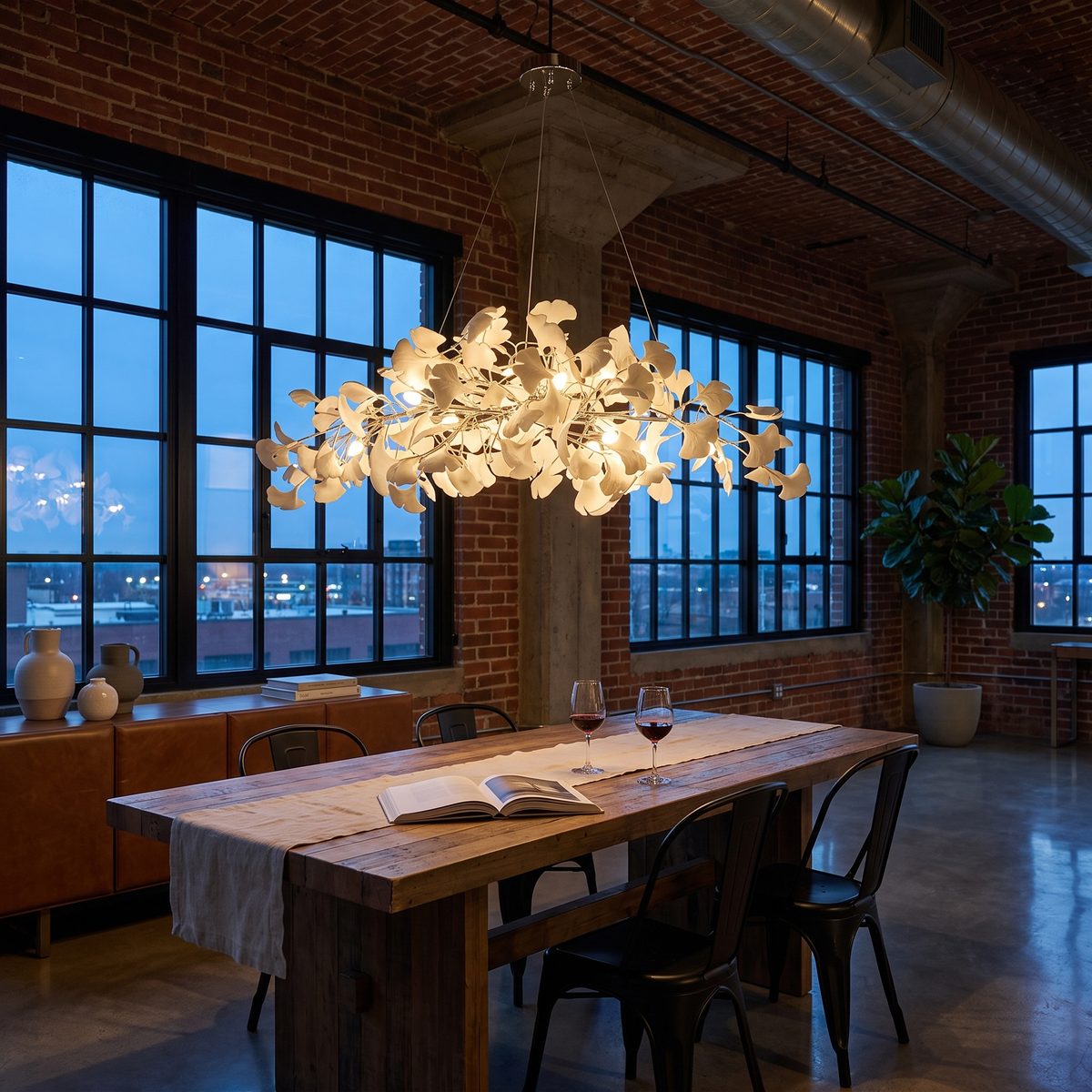 Icho Nickel linear ginkgo leaf chandelier in an industrial loft dining area
