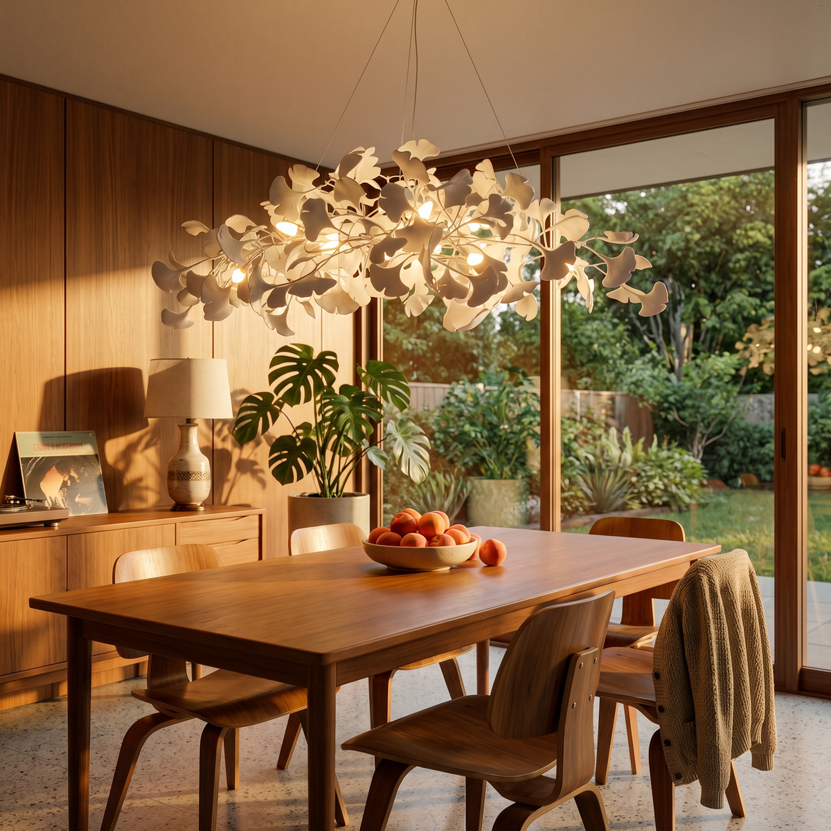 Icho White linear ginkgo leaf chandelier in a mid century dining room