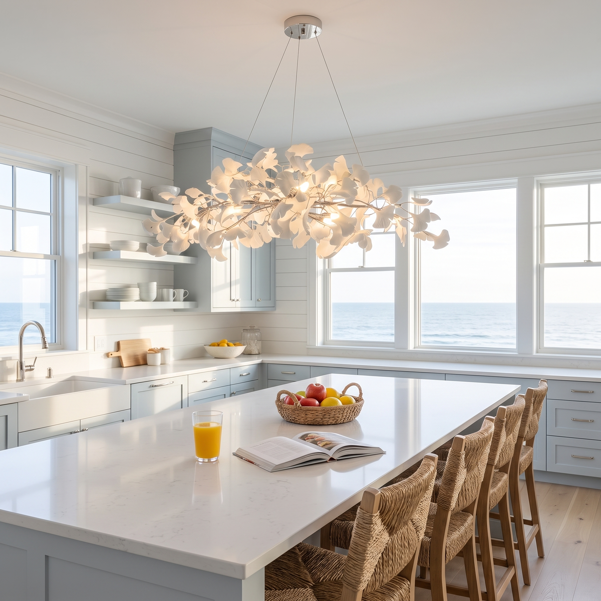 Icho Nickel linear ginkgo leaf chandelier in a coastal kitchen over the island