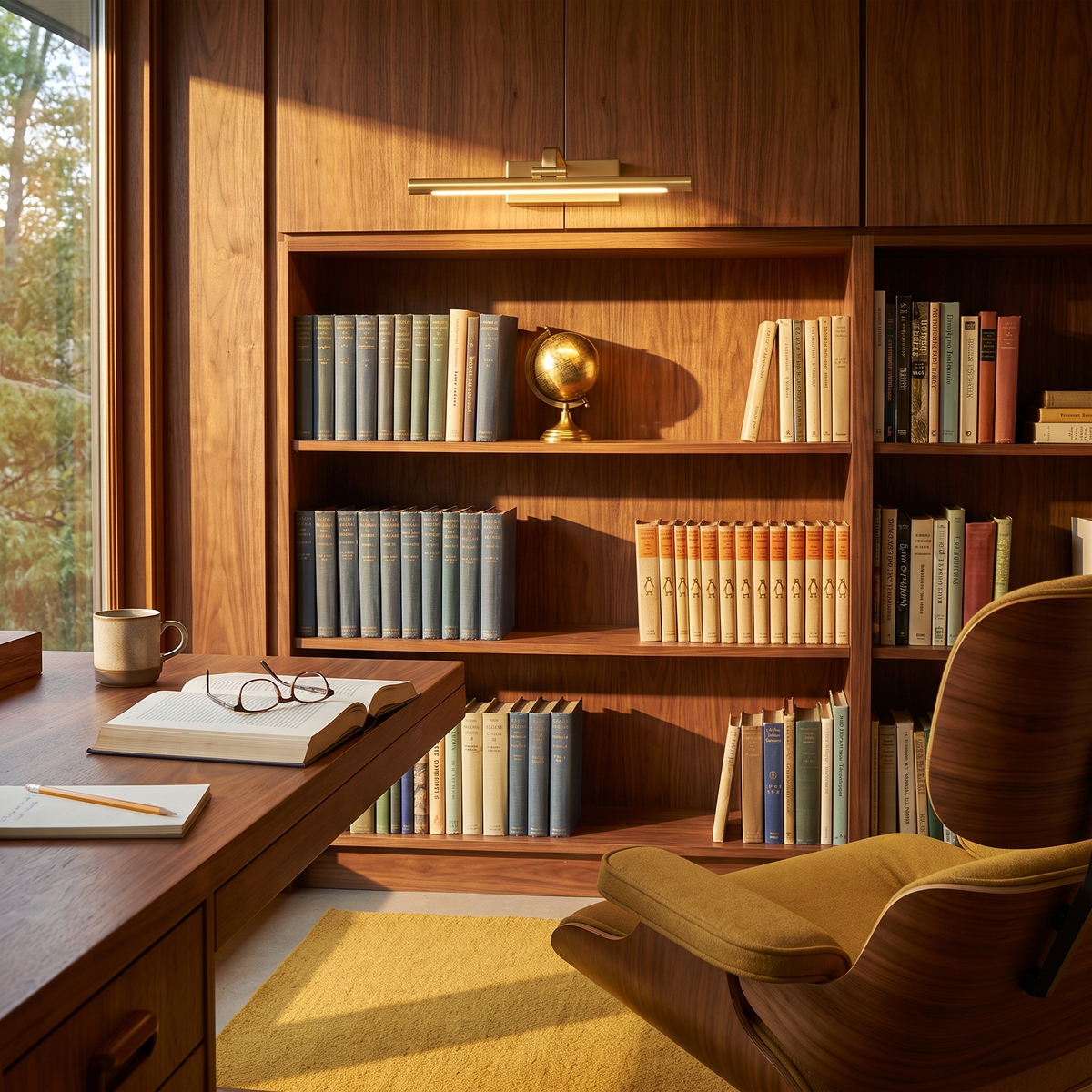Brillan Model A gold LED picture light in a mid-century home study
