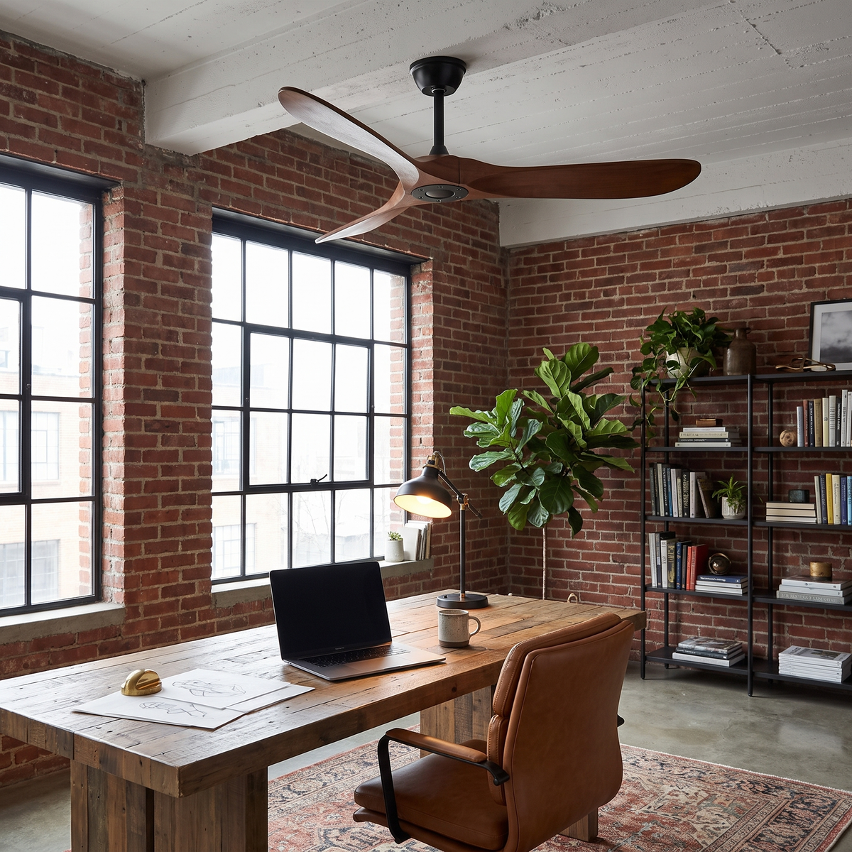 Sirocco walnut wood and black ceiling fan in an industrial loft home office