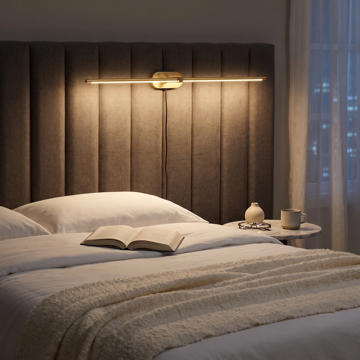 Lumio Gold & Warm Light linear plug-in wall lamp in a hotel-style bedroom above the headboard