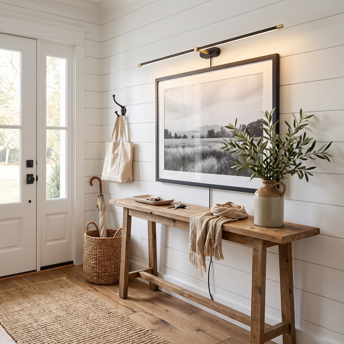 Lumio Black+Gold & Warm Light linear plug-in picture light in a farmhouse entry hall above framed art