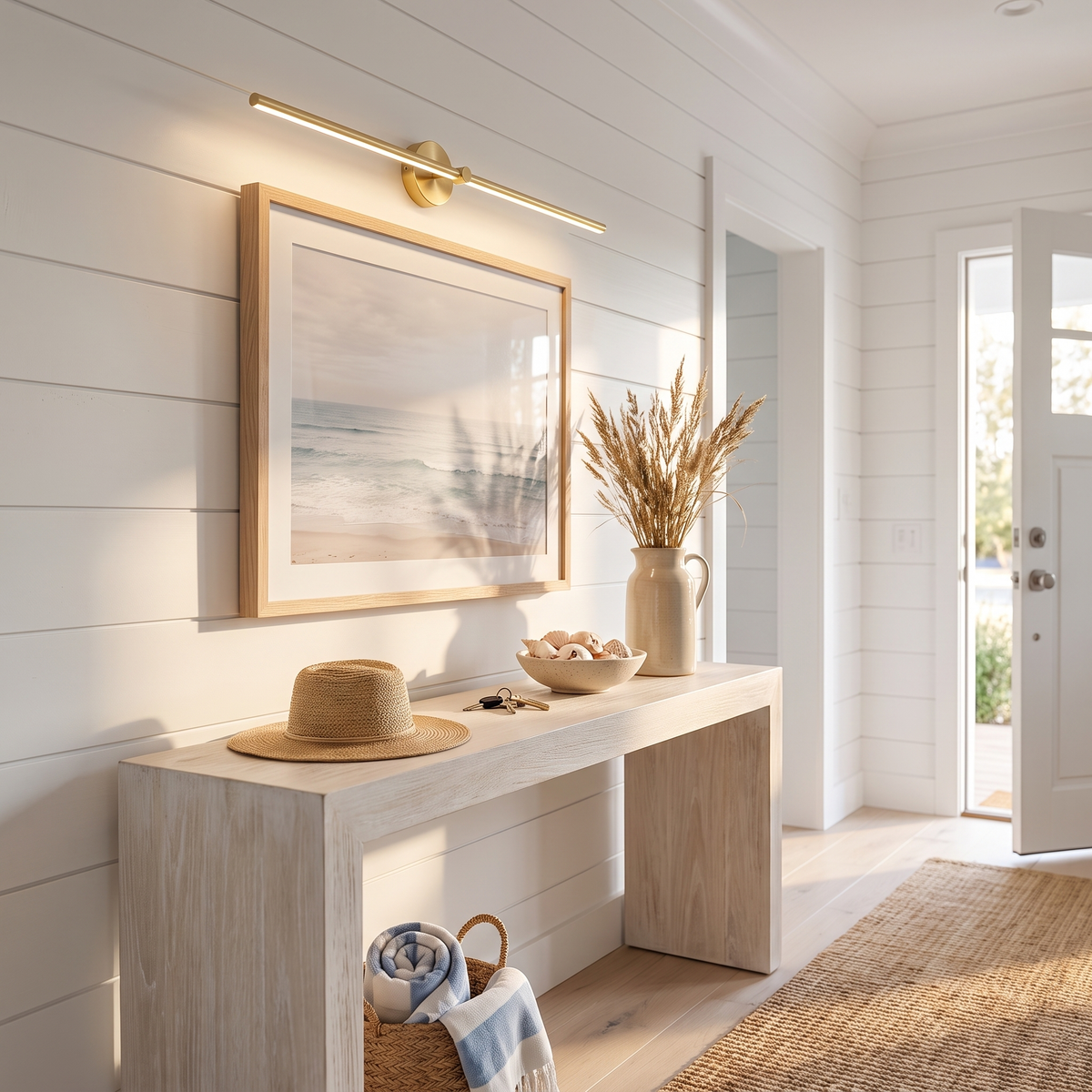 Arlen Gold linear LED picture light above framed art in a coastal entry hall