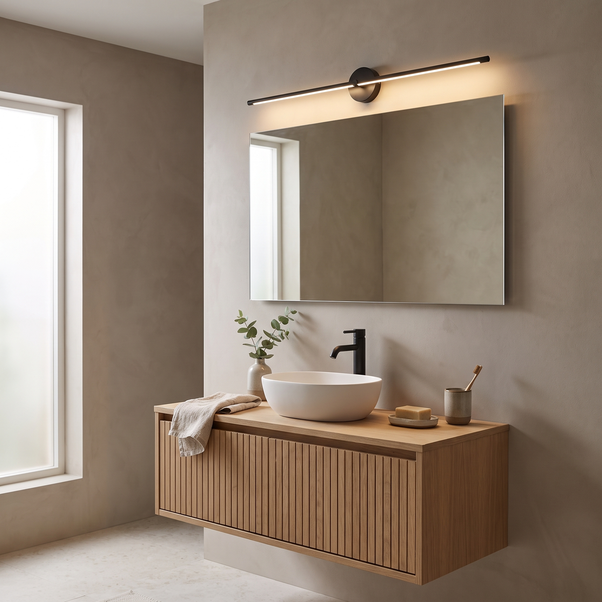 Arlen Black linear LED wall light above a vanity mirror in a Japandi bathroom