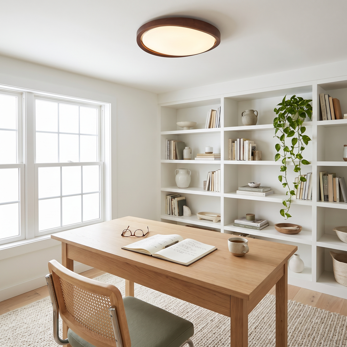 Noyer Model B walnut color flush mount ceiling light in a home office