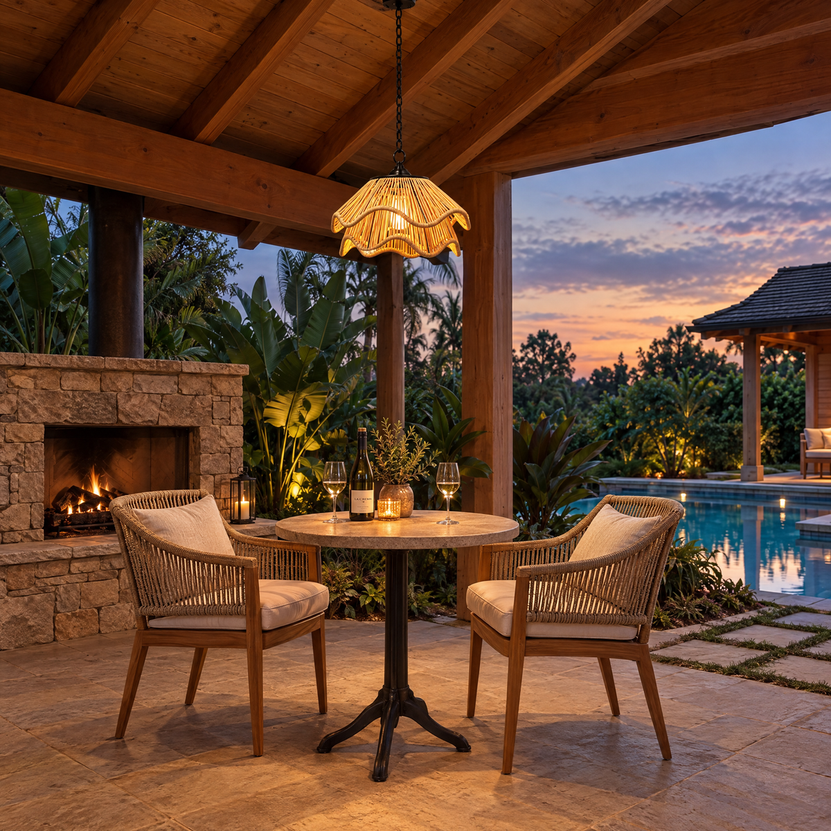 Tinsley Woven Outdoor Pendant Double-Layer, 14.4 in wide, in a covered pavilion above a bistro table
