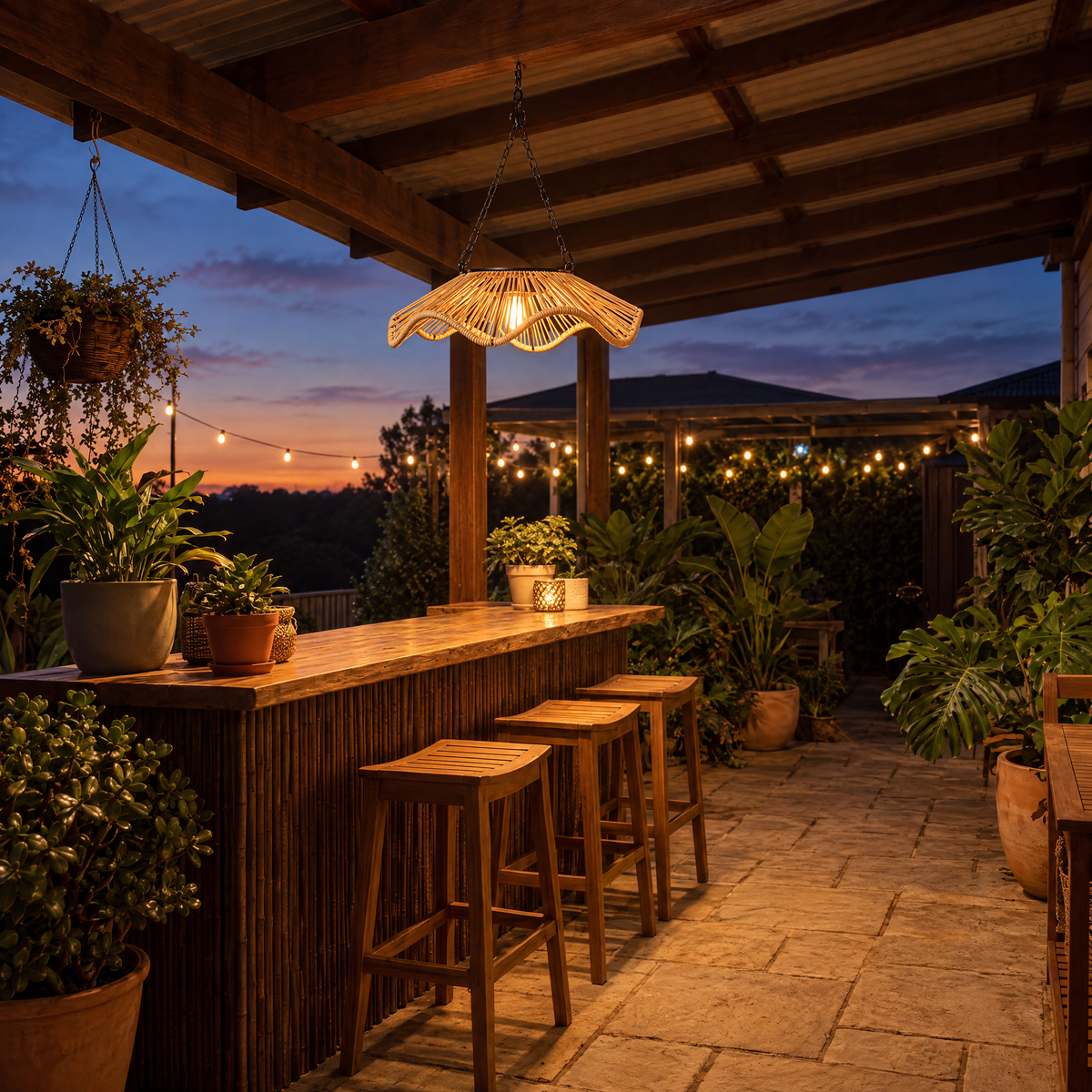 Tinsley Woven Outdoor Pendant Single-Layer, 14.4 in wide, hanging over an outdoor bar