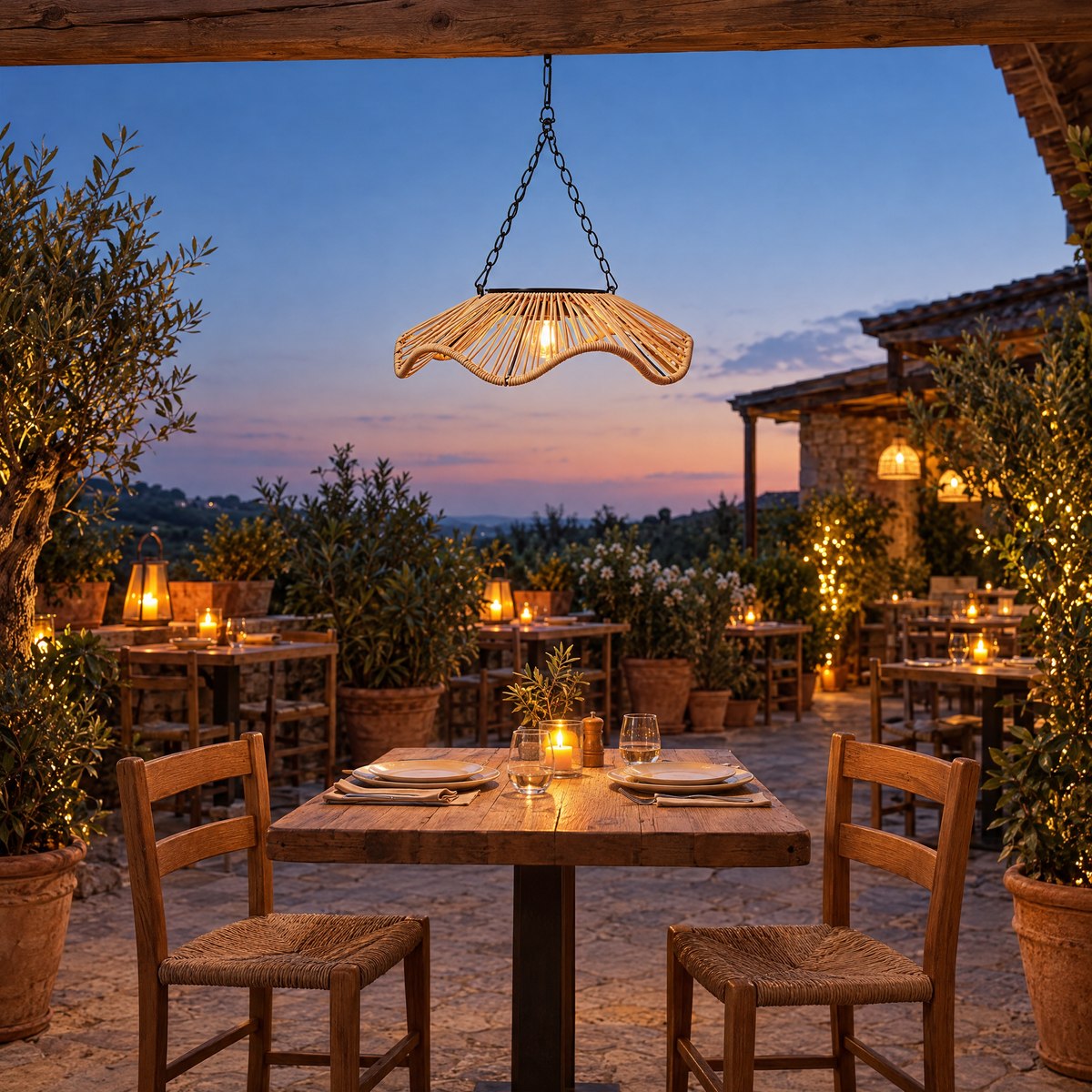 Tinsley Woven Outdoor Pendant Single-Layer, 14.4 in wide, above a terrace table for two