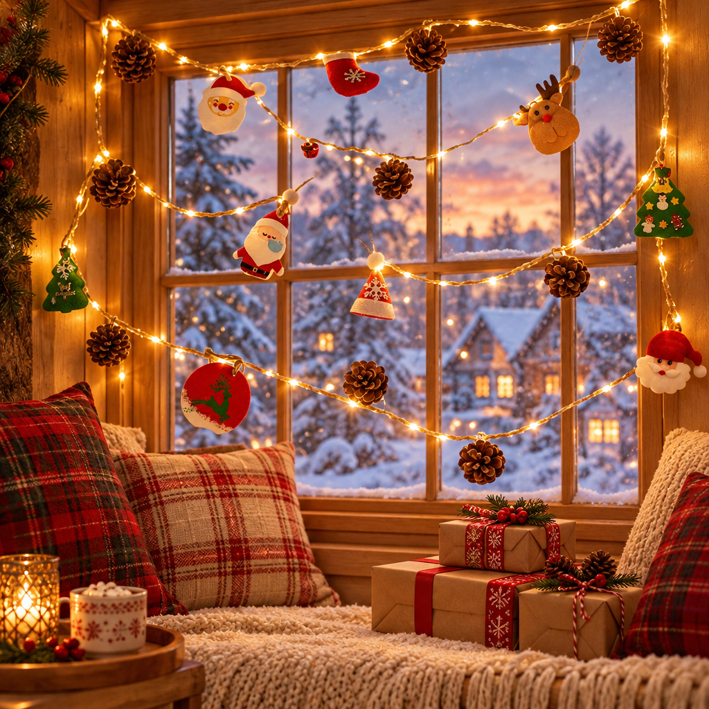 Pinewick Santa hat Christmas string lights around a window seat