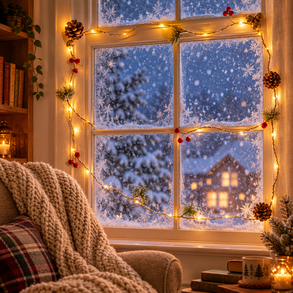 Pinewick simple pine cone bell Christmas string lights around a snowy window
