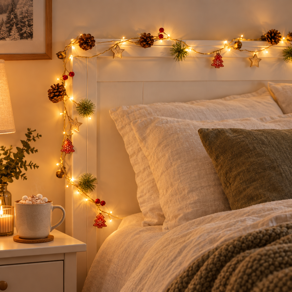 Pinewick pine cone star tree Christmas string lights over a headboard