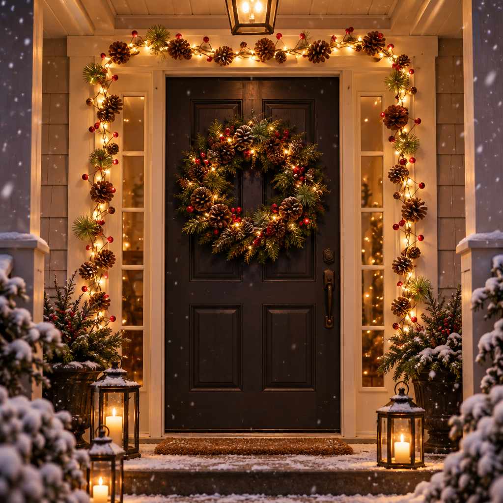 Pinewick deluxe pine cone bell Christmas string lights around a front door