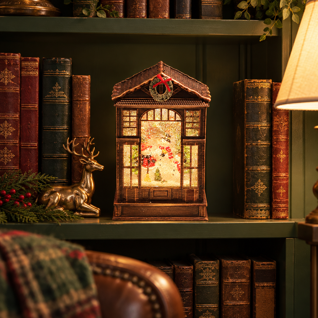 Frostel Christmas house lantern snowman scene on a bookshelf