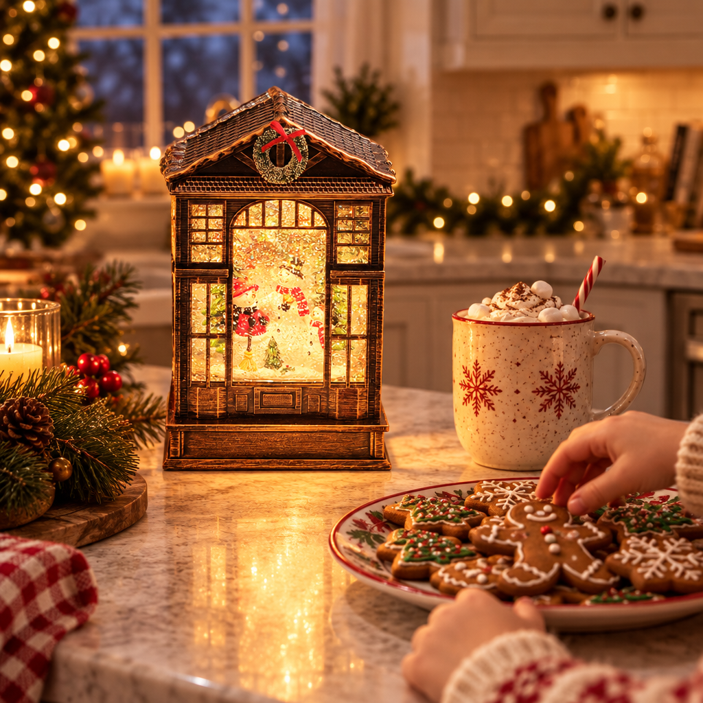 Frostel Christmas house lantern snowman scene on a kitchen island