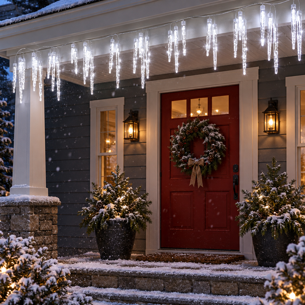 Glacia plug in icicle string lights on a front porch