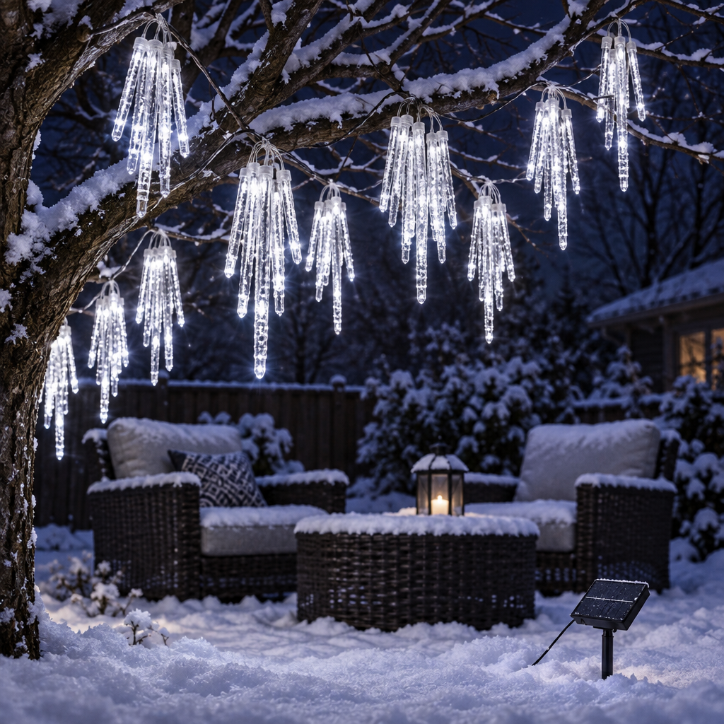 Glacia solar icicle string lights in a backyard tree