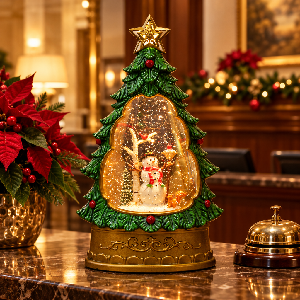Melodie Christmas tree snow globe lamp snowman with broom on a reception desk