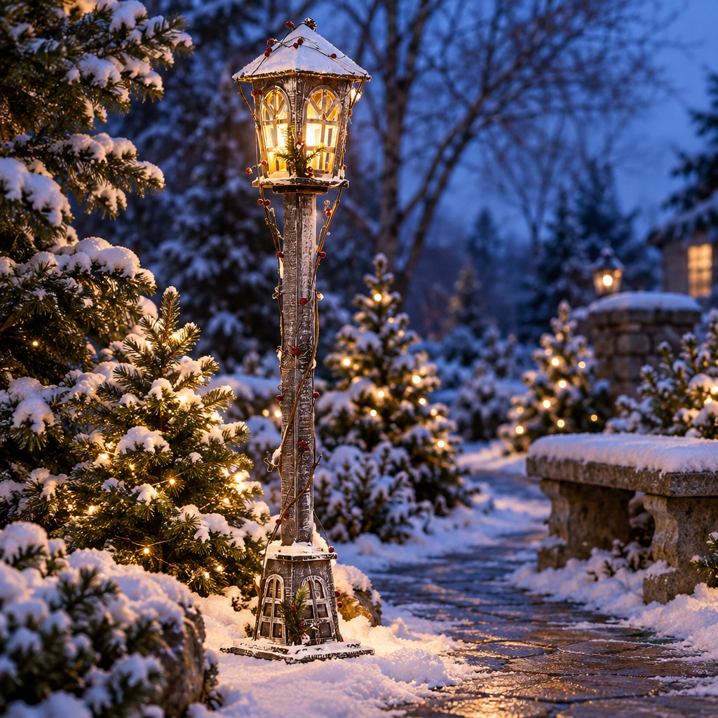 Hearthway wooden Christmas street lamp along a snowy garden path
