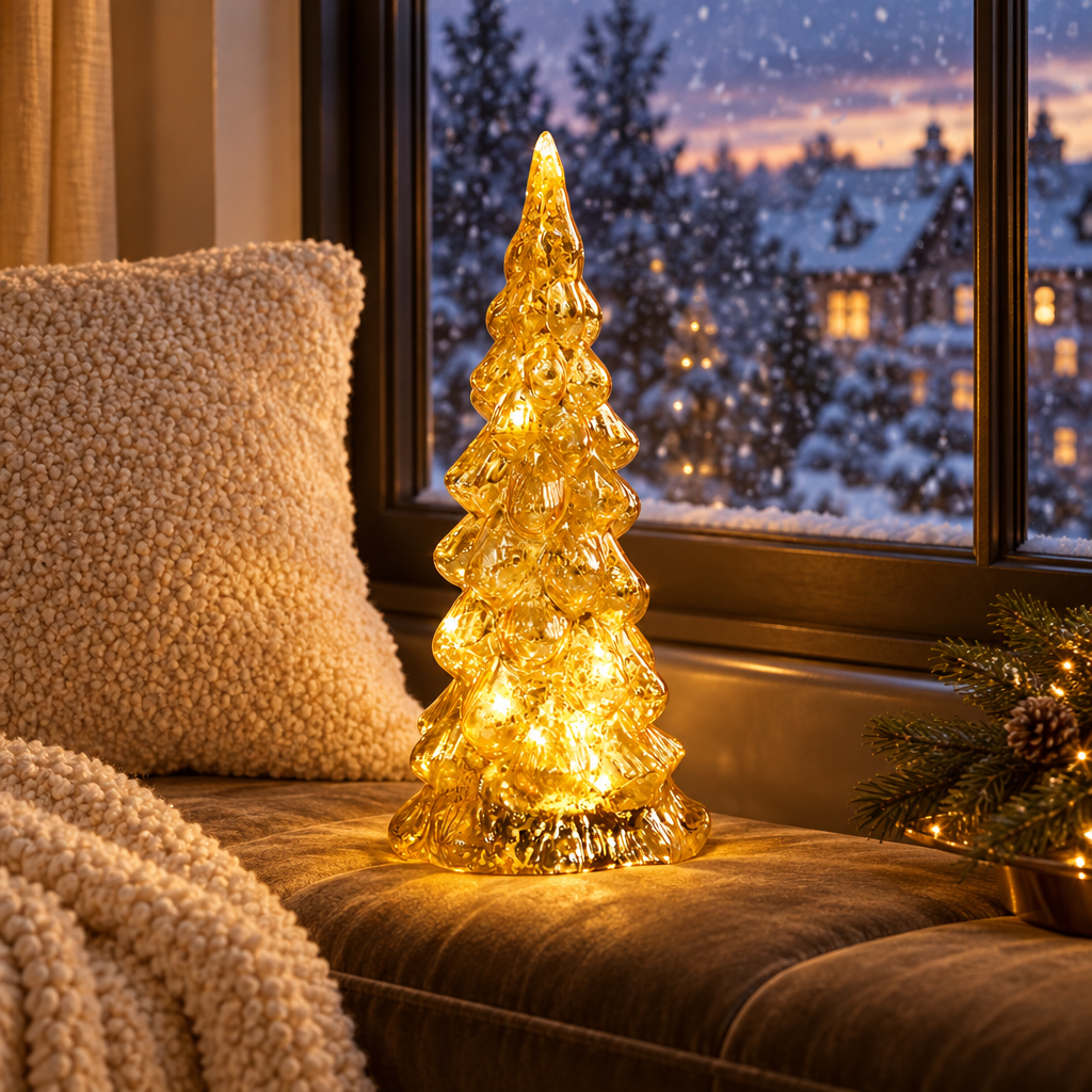 Sylvie gold glass Christmas tree lamp on a window bench