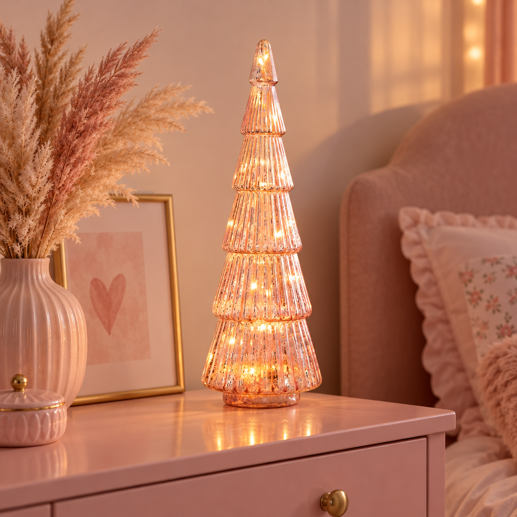 Sylvie pink glass Christmas tree lamp on a bedroom dresser