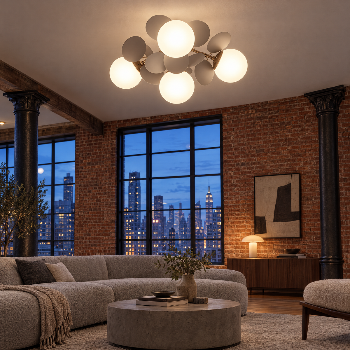 Macaron ceiling light in grey, ⌀20.5" x H11", in a Manhattan loft living room