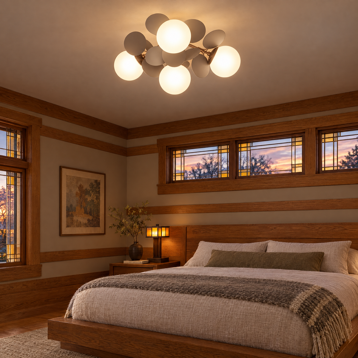 Macaron ceiling light in grey, ⌀20.5" x H11", in a Prairie-style home bedroom