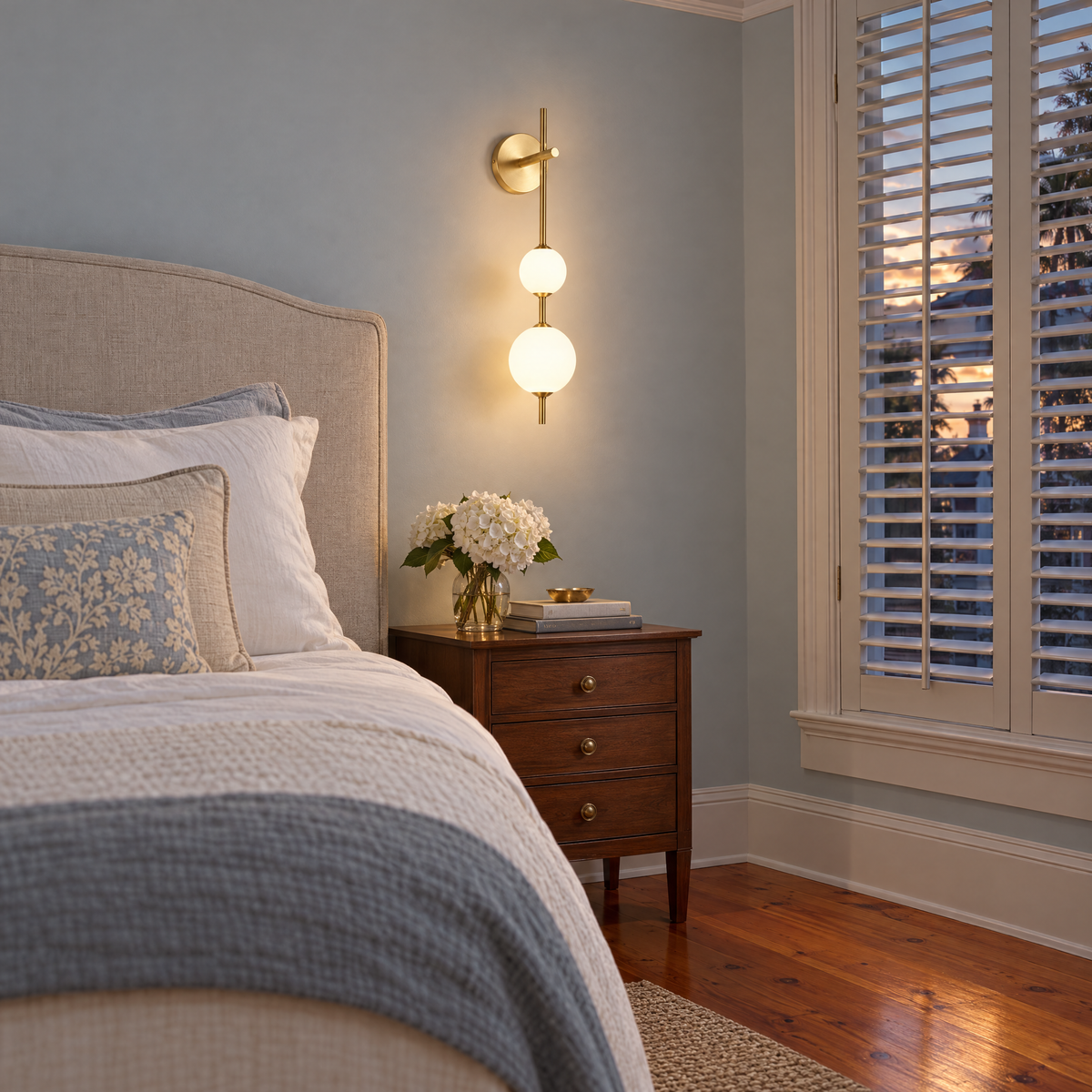 Kaskade globe wall sconce in brass with 3 globes beside the bed in a Charleston single house bedroom