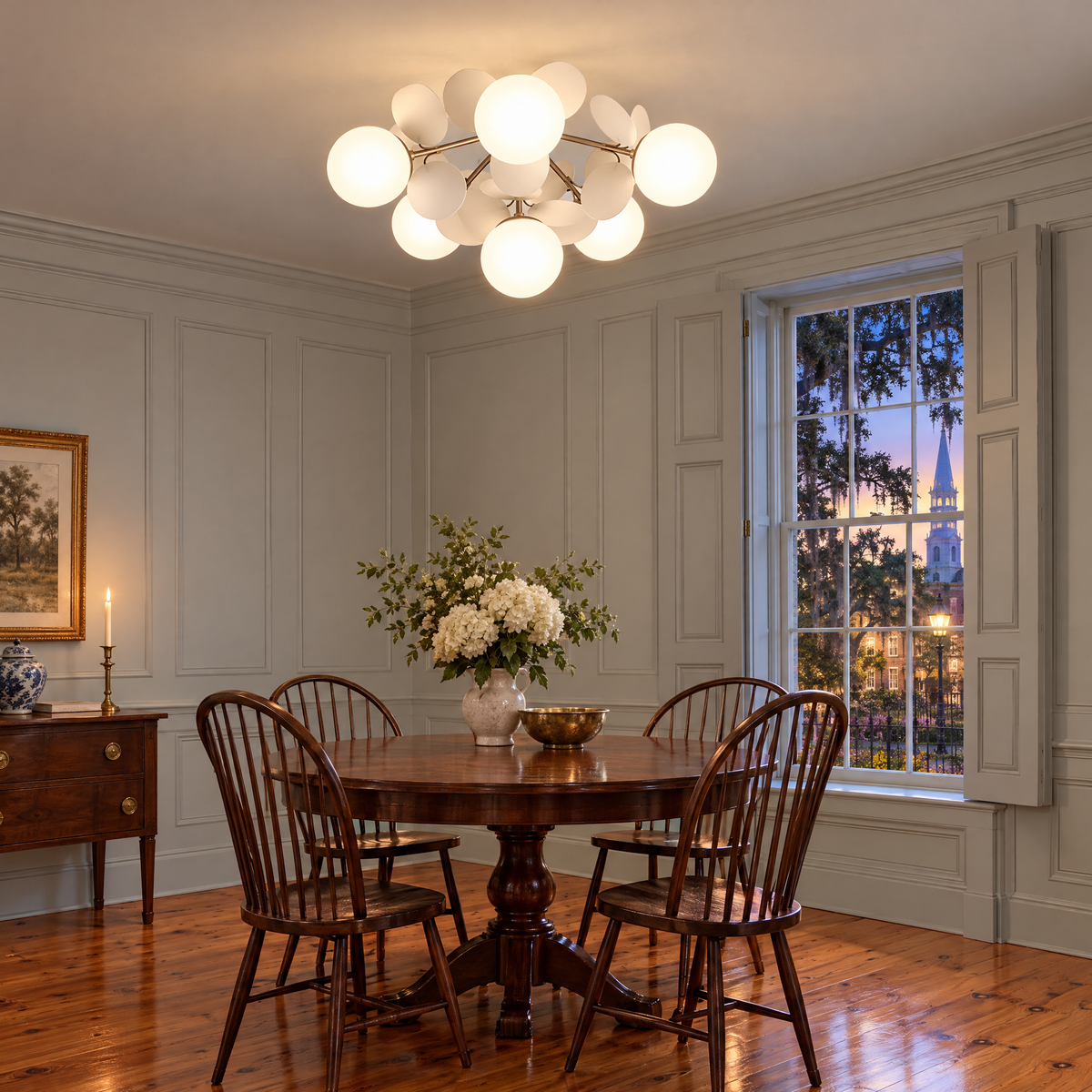 Macaron ceiling light in white, ⌀20.5" x H12.6", in a Charleston single house dining room