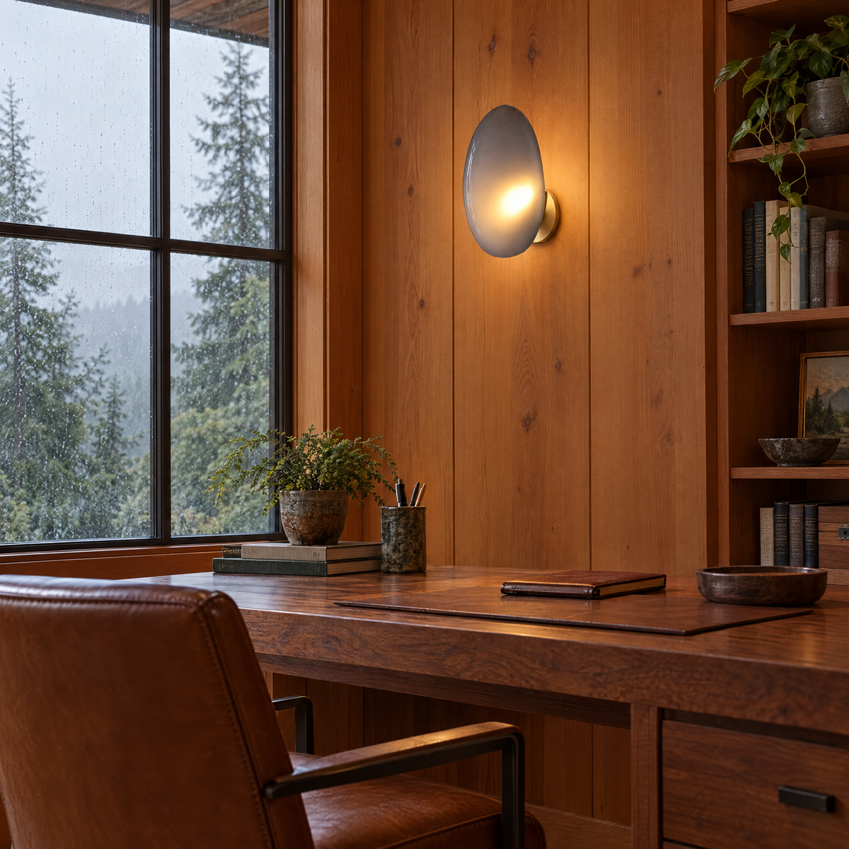 Opaline wall sconce in Smoky Gray & Gold, shape ∅8.6" x H13.7" in a Pacific Northwest craftsman home office