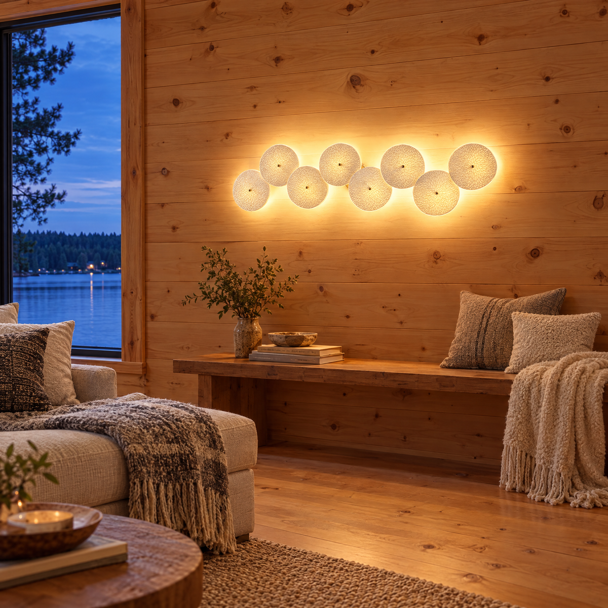 Florin ceramic petal wall sconce in white ceramic and gold, 8-petal horizontal, in a Minnesota lake house living room
