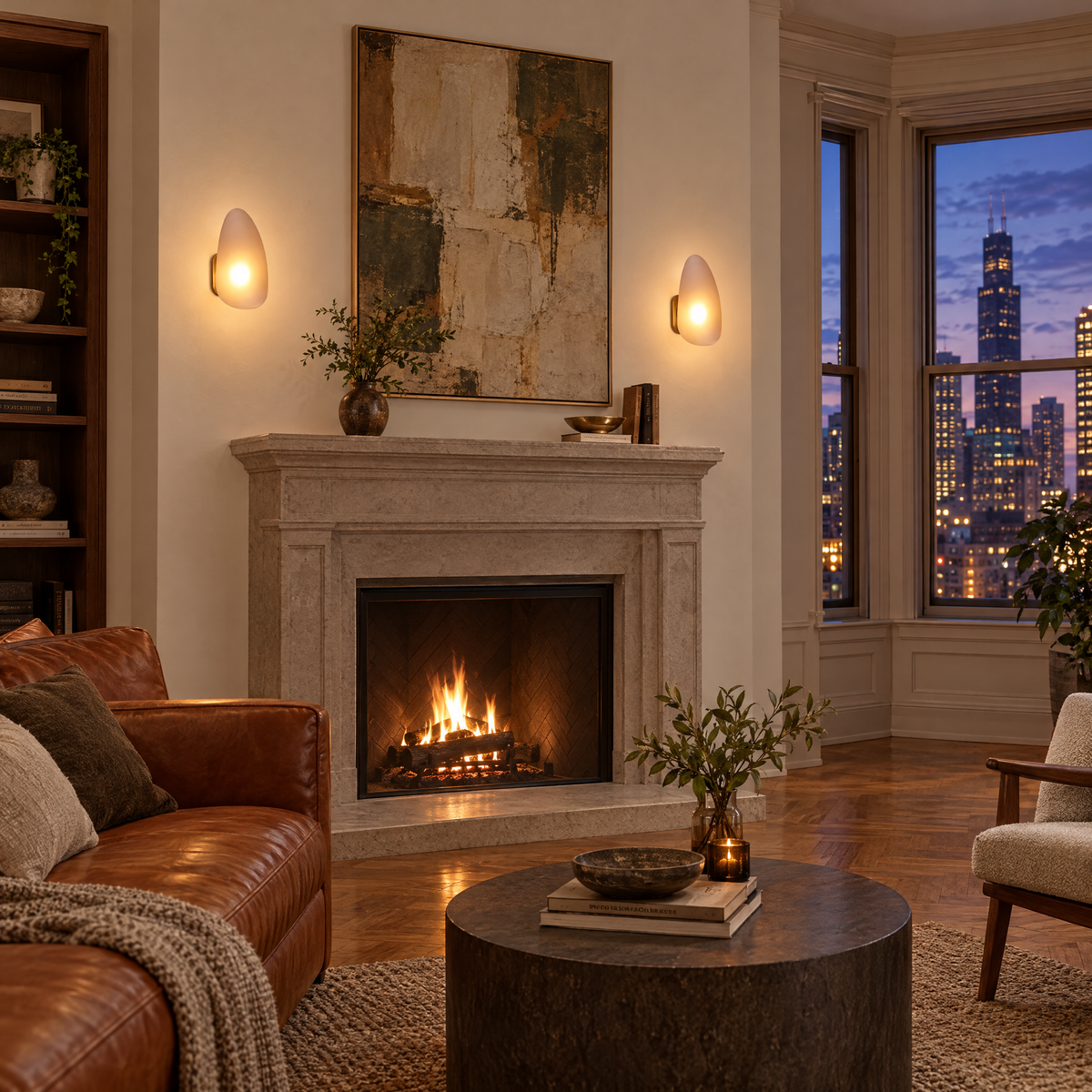 Opaline wall sconce in Amber & Gold, shape ∅7.1" x H11.8" in a Chicago greystone living room