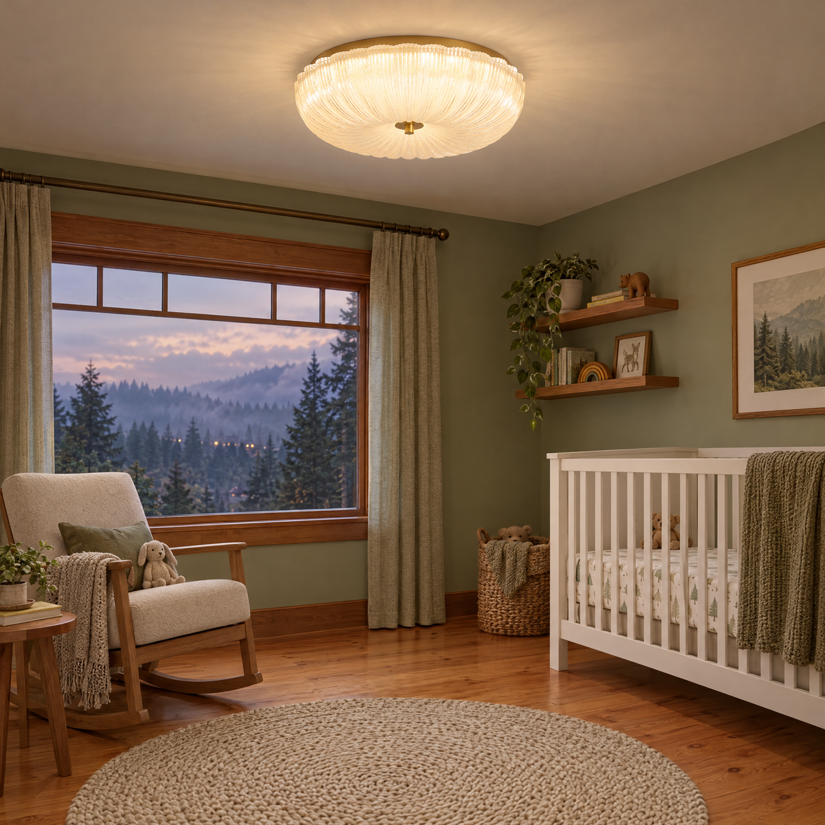 Givre ceiling light in frosted glass with gold trim in a Pacific Northwest craftsman nursery