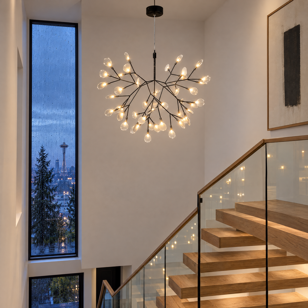 Luciole firefly LED branch chandelier in black, ∅28.3" x H18.1" round, in a Seattle modern townhouse stairwell