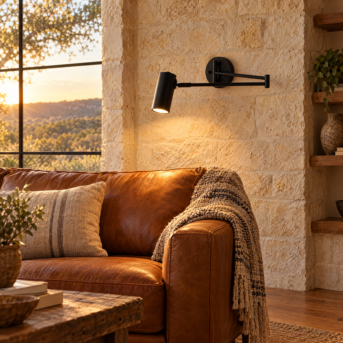 Tilda swing arm wall sconce in black in a Texas Hill Country stone house living room