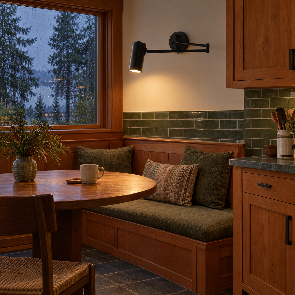 Tilda swing arm wall sconce in black above a banquette in a Pacific Northwest craftsman kitchen