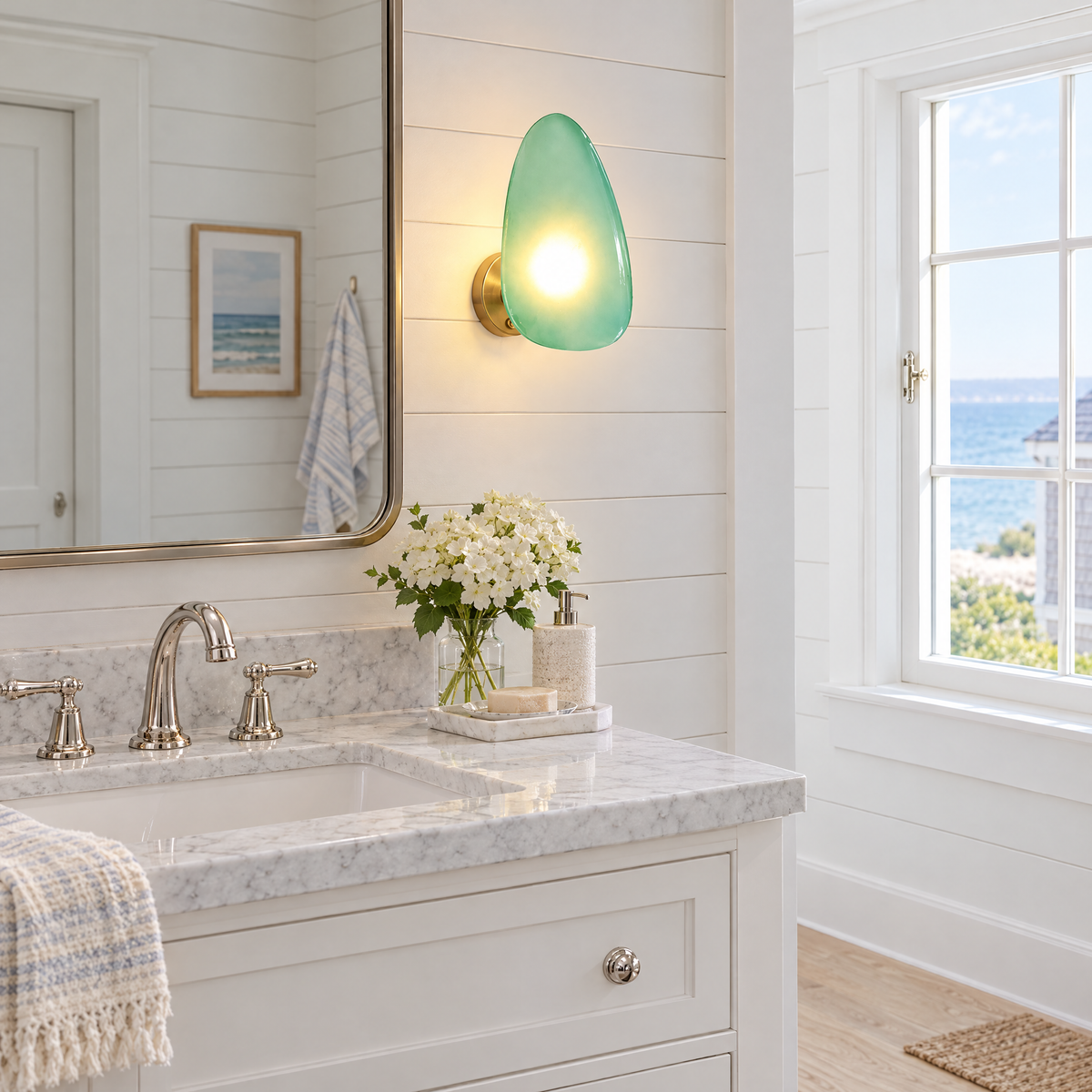 Opaline wall sconce in Green & Gold, shape ∅7.1" x H11.8" in a Hamptons shingle-style beach house bathroom