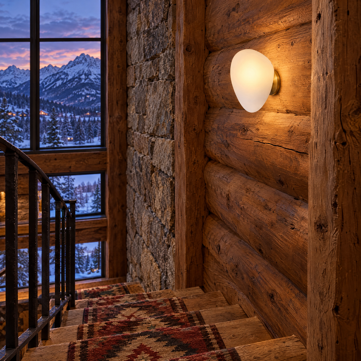 Opaline wall sconce in White & Gold, shape ∅7.8" x H11.8" in a Colorado mountain lodge stairwell