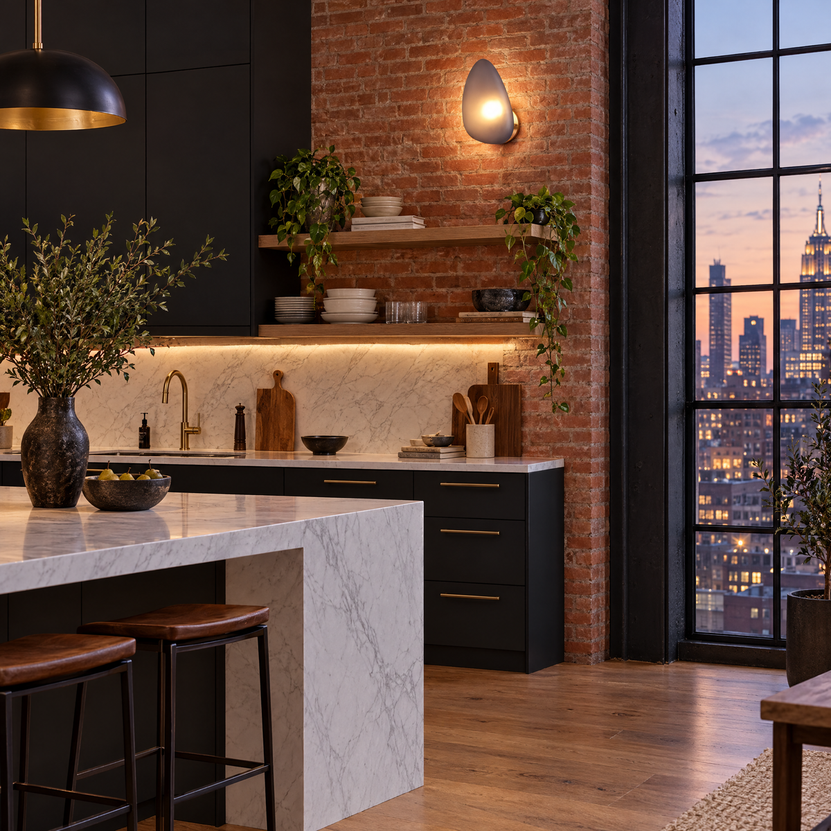 Opaline wall sconce in Smoky Gray & Gold, shape ∅7.1" x H11.8" in a Manhattan loft kitchen
